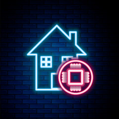 Glowing neon line Smart home icon isolated on brick wall background. Remote control. Colorful outline concept. Vector