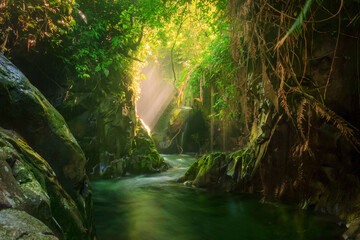 beauty morning view indonesia  at the stone tunnel waterfall in Indonesia's tropical forest
