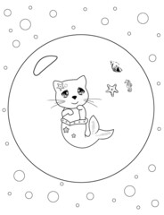 Mermaid cat coloring page for kids