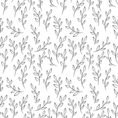 seamless pattern black and white simple with branches and leaves, hand-drawn, black and white background for design,