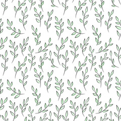 seamless pattern with green branches and leaves, hand-drawn, olive background for design,