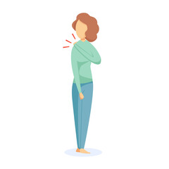 Illustration of a girl who has a shoulder pain. Vector cartoon illustration.