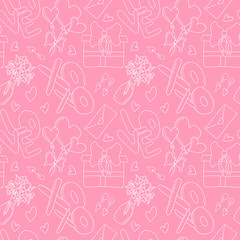 Pink Love Doodle Style. Cute hand-drawn hearts, flowers, arrows and a gift. Seamless vector pattern for design of fabric, paper, packaging. Illustration for Valentine's Day or Wedding