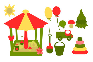 Toys and playground, bright pictures, color illustration on a white background, for printing and decoration