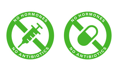 Non Added Antibiotic, Hormone Icon. Organic, Healthy, Natural, Certificated, No Antibiotic Label. Food Without Hormones and Antibiotic Green Sign. Isolated Vector Illustration - obrazy, fototapety, plakaty