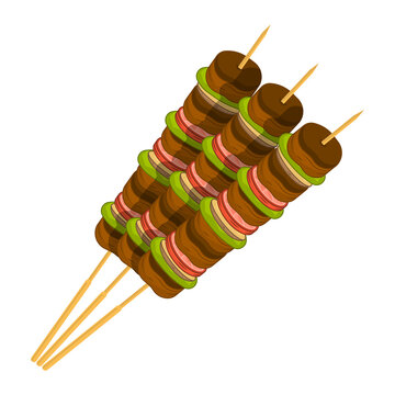 Kebab on a skewer mixed with vegetables. Cartoon image of meat cooked on the grill. Isolated vector illustration.