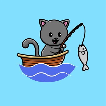 Cute Cat Fishing In The Sea On Boat Vector Icon Illustration. Recreation Icon Concept Isolated Premium Vector. Flat Cartoon Style