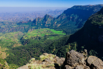 Panoramic View to the Simien Mountains Green Valley under Blue Sky near Gondar, Northern Ethiopia