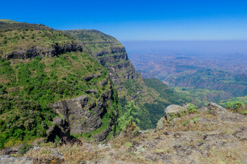 Panoramic View to the Simien Mountains Green Valley under Blue Sky near Gondar, Northern Ethiopia