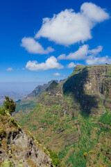 Panoramic View to the Simien Mountains Green Valley under Blue Sky near Gondar, Northern Ethiopia