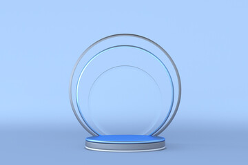 3d render of blue geometric minimal studio pedestal isolated on pastel background, round frame, abstract beauty product concept, luxury minimalist design