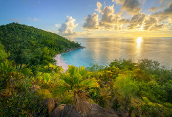 sunset at tropical beach anse georgette on praslin on the seyche