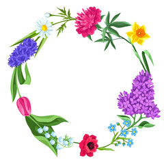 Decorative frame with summer flowers. Beautiful decorative bouquet of blooming plants.