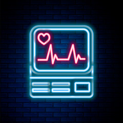 Glowing neon line Computer monitor with cardiogram icon isolated on brick wall background. Monitoring icon. ECG monitor with heart beat hand drawn. Colorful outline concept. Vector