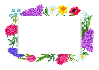 Decorative frame with summer flowers. Beautiful decorative bouquet of blooming plants.