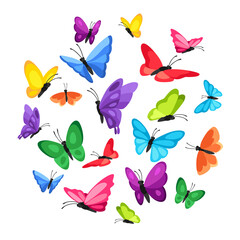 Background design with decorative butterflies. Colorful abstract insects.