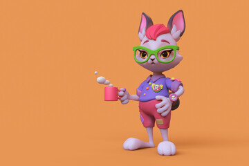Young funny guy bunny with a human body wears red pants, a blue T-shirt, green glasses holds a cup of tea in one hand. Cartoon smart white hare with bangs, black ears. 3d render on an orange backdrop.