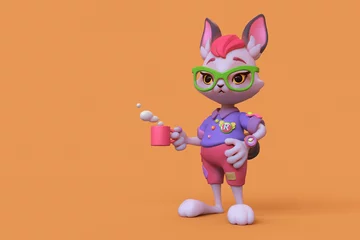 Fotobehang Young funny guy bunny with a human body wears red pants, a blue T-shirt, green glasses holds a cup of tea in one hand. Cartoon smart white hare with bangs, black ears. 3d render on an orange backdrop. © roman3d