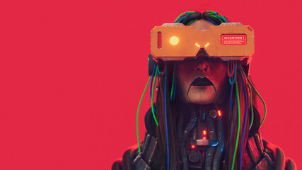 Portrait of young cyber girl with long black hair in futuristic yellow color metal virtual reality glasses, green blue wires. Cyberspace Augmented Reality, futuristic vision. 3d render on red backdrop