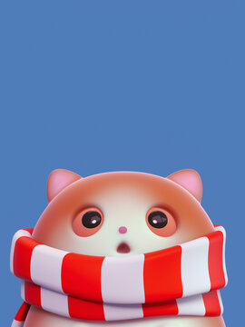 Portrait of a surprised little kawaii cat wears a white red striped scarf with open mouth, big orange eyes, pink ears. Funny cartoon fat kitten for Christmas day, New Year. 3d render on blue backdrop.