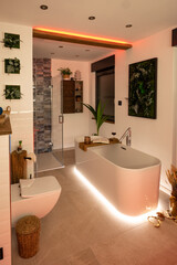 Modern bathroom with freestanding bathtub, modern taps and red LED ambient lighting