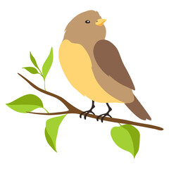 Illustration of stylized bird sitting on branch. Image of birdie in simple style.