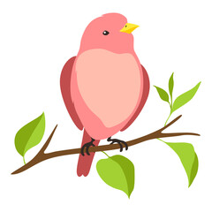 Illustration of stylized bird sitting on branch. Image of birdie in simple style.
