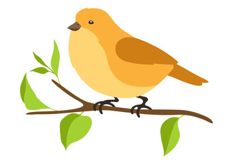 Illustration of stylized bird sitting on branch. Image of birdie in simple style.
