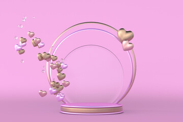 3D mockup scene with pink golden flying heart and round podium. Pedestal for display product, presentation and advertising for Valentine's Day. Pastel minimal romantic design.