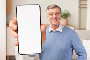 Excited senior man in glasses showing big white empty smartphone screen to camera, recommending...
