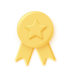 Yellow 3d stamp with ribbons and star isolated on white background. Luxury golden seal. Vector design element.