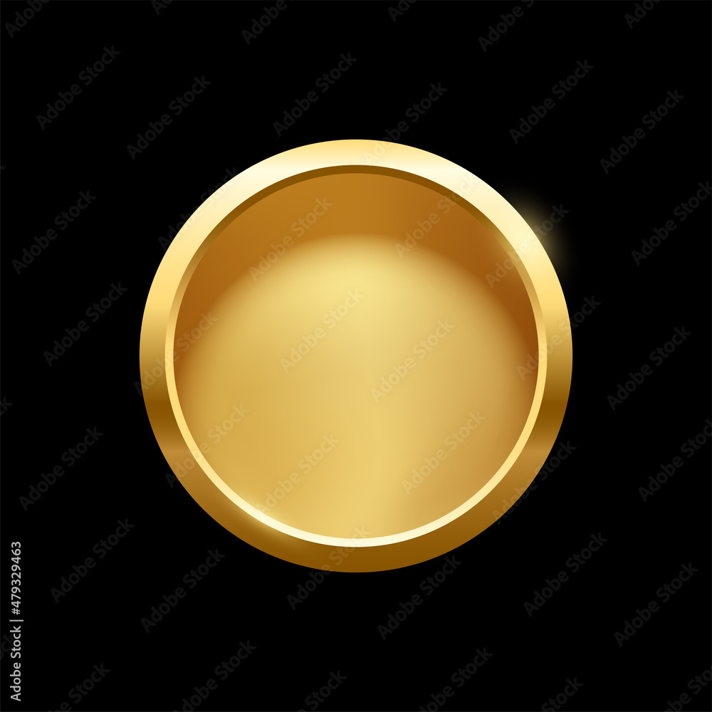 Poster gold round button with frame, 3d golden glossy elegant circle design for empty emblem