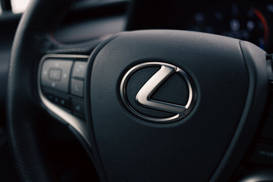 Russia, Moscow - February 05, 2020: Leather Interior of Red premium crossover hatchback Lexus UX 250h hubrid