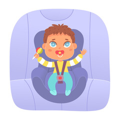 Road trip of baby on backseat, infant boy with pacifier and toy sitting in child seat