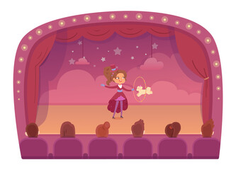 Circus trick, performer tamer kid and trained dog, talent poodle jumping through ring