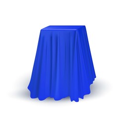 Blue cloth drapery covering square table. Silk fabric hanging on gift for surprise reveal vector illustration. Hidden secret under veil decoration. Mysterious presentation event