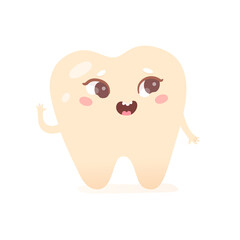 Cute tooth character, funny kawaii teeth emoji, dental care, treatment for healthy mouth