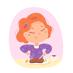 Kid eating beef steak on dinner, girl sitting at table of restaurant to eat yummy meat