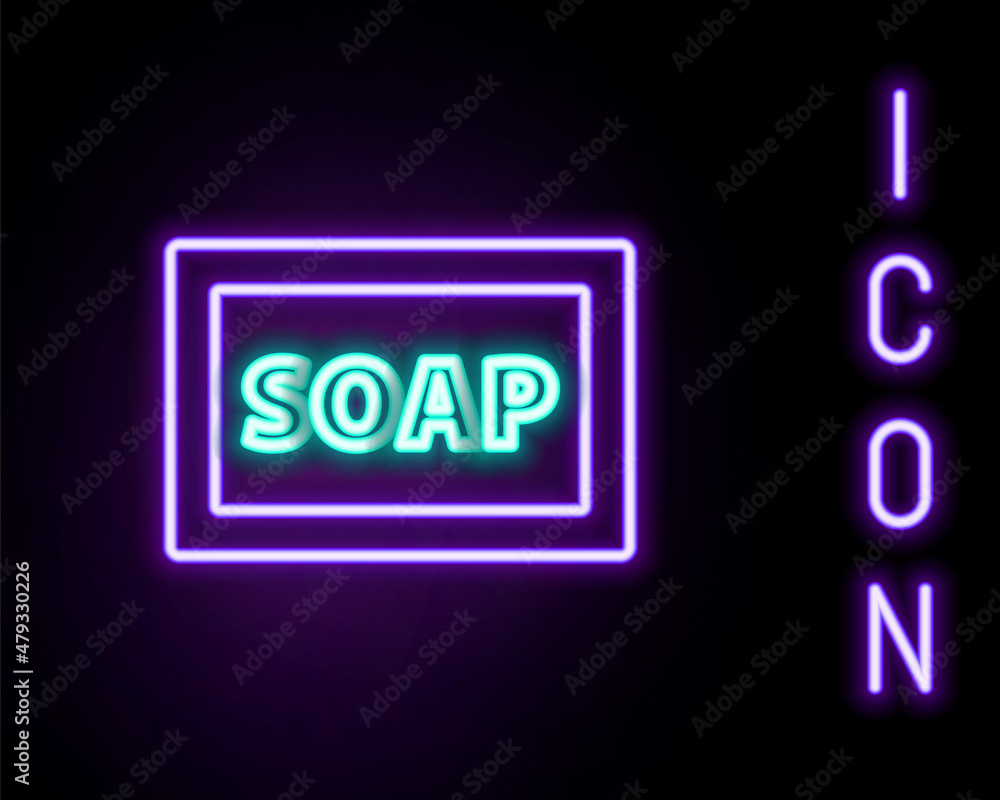 Poster glowing neon line bar of soap with foam icon isolated on black background. soap bar with bubbles. co
