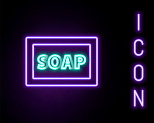Glowing neon line Bar of soap with foam icon isolated on black background. Soap bar with bubbles. Colorful outline concept. Vector