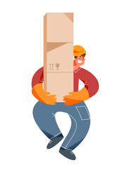 Worker of warehouse holding parcels, man in loader uniform carrying stack of boxes