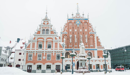 Winter cityscape of Old town of Riga, Latvia. The House of the Blackheads. Christmas tree. Town...