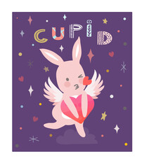 A bunny cupid holding a big heart, standing on a cloud, giving a kiss to the world and flying in the starry sky. Vector.