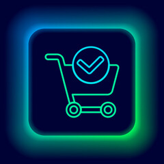 Glowing neon line Shopping cart with check mark icon isolated on black background. Supermarket basket with approved, confirm, tick, completed. Colorful outline concept. Vector