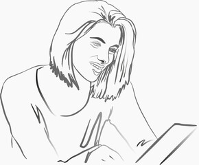 The woman is talking on the phone. Grayscale vector image.