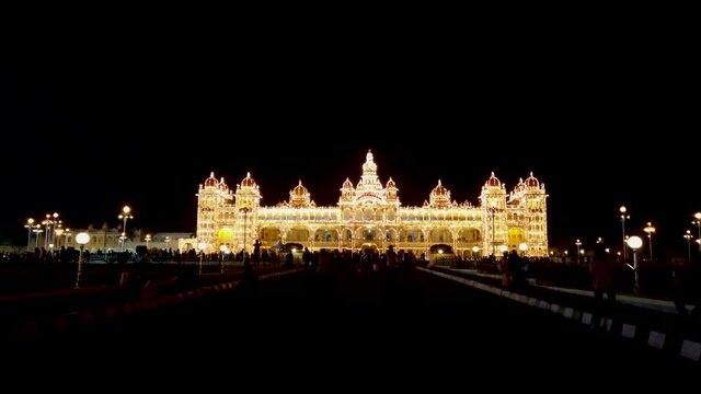 An Enchanting night view of the Ambavilas Palace built over a century ago with Illumination in Mysore, an famous tourist destination in Karnataka, India.
