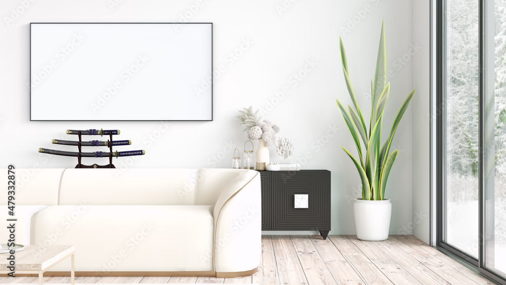 Wall mural Modern beautiful interior room with a white painting. Clean and lightweight design with wooden floors and light walls. 3d rendering