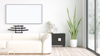 Modern beautiful interior room with a white painting. Clean and lightweight design with wooden floors and light walls. 3d rendering