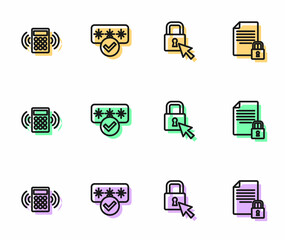 Set line Lock, Security keypad access panel, Password protection and Document and lock icon. Vector