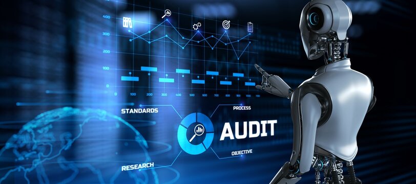 Audit Robotic process automation RPA concept. Robot pressing button on screen 3d render.